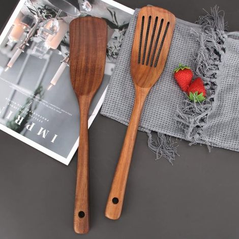 2 piezas，336,5 cm，espátulas de madera，espátulas para wok，utensilios de cocina，espátula plana para wok y tortitas，sartén antiadherente，marrón (1/5)