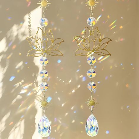 Lot de 2 Attrape-Soleil Lotus avec Cristal Prisme, Pendentif Cristal pour Décoration Fenêtre, Mobile Suspendu Élégant en Laiton pour Maison et Bureau, Accessoire Lumineux pour Intérieur et Balcon (1/5)