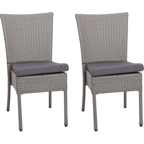 Lot de 2 chaises en poly rotin HWC-G19 chaise de jardin - empilable - gris - coussin gris foncé (1/5)