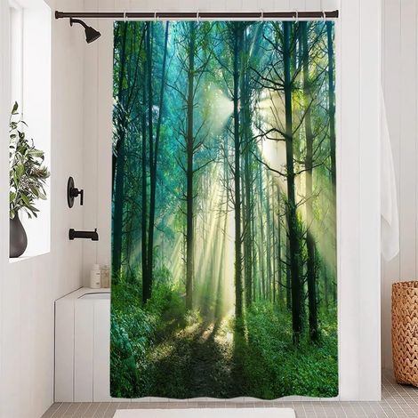 1 Rideau Douche, 120x180cm, Motif Feuilles Forêt, Tissu Polyester Imperméable, Avec 8 Crochets, Pour Salle De Bain (1/5)