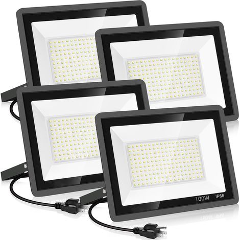 YANYCN Lot de 4 projecteurs LED 100 W, éclairage de sécurité extérieur ultra-lumineux avec prise, étanche IP66, 11 600 lm, lumière blanche 5 000 K (lumière du jour) pour cour, jardin, terrain de baske (1/5)