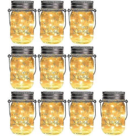 Lot de 10 lampes solaires LED pour couvercles de bocaux Mason avec crochet pour jardin féerique ou terrasse [bocal non inclus]-AquaForge
