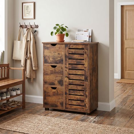 Buffet, Meuble de Salle de Bain, Armoire, avec 3 Tiroirs, 2 Étagères Intérieures Réglables en Hauteur, pour Salon, Cuisine, Couloir, Marron (1/4)