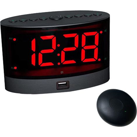 Superlauter Wecker mit kabelloser Vibration, Bettschüttler für Gehörlose/Hörgeschädigte/Tiefschläfer, Dual-Alarme, Dimmer, Backup-Batterie, USB-Ladegerät, großes digitales LED-Display (1/2)