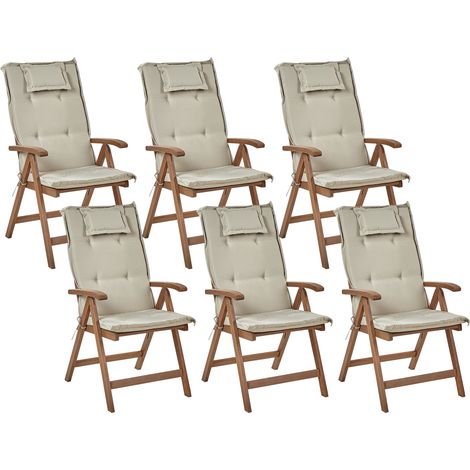 Conjunto de 6 sillas de jardín rústicas de madera de acacia natural ajustables plegables con reposabrazos de madera oscura cojines gris pardo Amantea