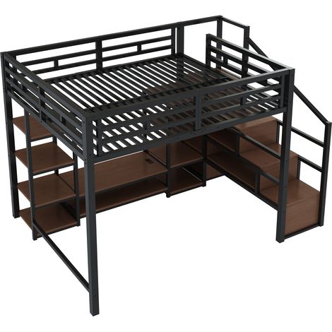 Lit mezzanine 140x200 cm avec support TV, prise et échelle sécurité, métal-bois stable, gain de place, lit enfant superposé, rangement, noir (1/5)