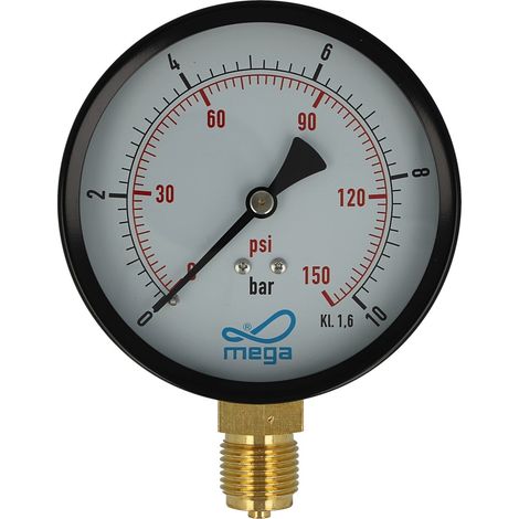MEGA Druckmanometer 0 - 10 bar - 1/2 Zoll Anschluss nach unten Radial Ø 100 mm (1/2)