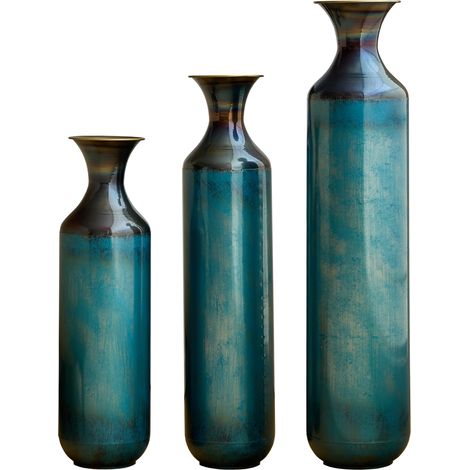 Jarrón decorativo de metal hecho a mano, efecto pátina azul verdosa, 3 tamaños, no impermeable (1/3)