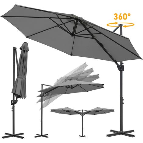 Wolketon Parasol excéntrico 300 cm gris, rotación 360°, inclinable 0–60°, lona de poliéster 200 g/m² UV50+, mástil de aluminio reforzado