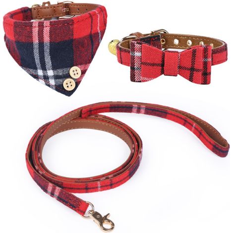 3 pièces accessoire chien, collier laisse nœud papillon carreaux réglable, cuir PU tissu, avec clochettes (1/5)