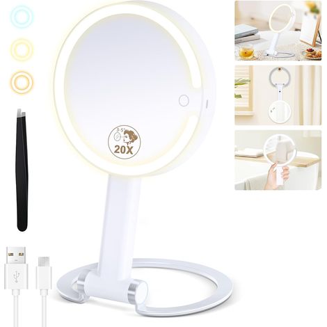 20X Magnifying Mirror with Light, Lighted Makeup Mirror with 20X/1X Magnification, 3 Color Light and Adjustable Brightness, 3-in-1 Multifunctional Makeup Mirror with Lights 2000mAh (1/5)