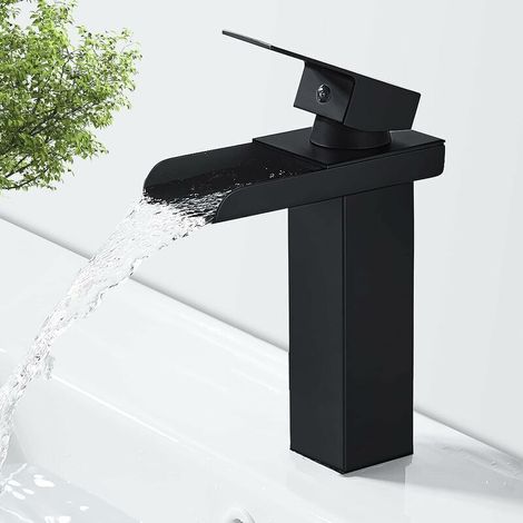 Mattschwarze Wasserfall-Waschtischarmatur, Messing-Einhebelmischer mit Warm- und Kaltwasseranschluss, Keramikventil, konkaves Wasserfall-Design, G 3/8 (1/5)
