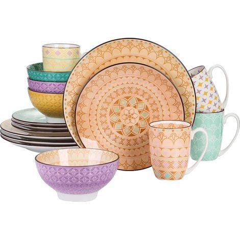 Juego de vajilla de porcelana de 16 piezas, diseño elegante. (1/2)