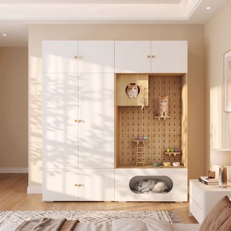 Armoire penderie et arbre à chat 2-en-1, longueur 180 cm, 1 tringle, mur d’escalade, plateformes, échelle, niche avec coussin, blanc et effet bois (1/5)