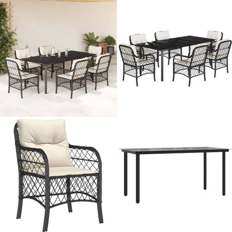 7-tlg. Garten-Essgruppe mit Kissen Schwarz Poly Rattan - Gartenstuhl - Gartenessgruppe (1/5)