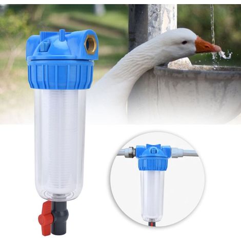 Automatischer, auslaufsicherer ABS-Wasserfilter für Hühnerställe mit PP-Filter und 3/4-Zoll-PVC-Anschlüssen für Tränksysteme für Hühner, Enten und Geflügel.