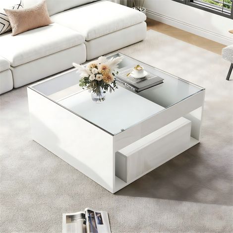 Table Basse Carrée 70x70x35 cm - Plateau Verre Trempé - LED Connectée - 2 Tiroirs Façade Laquée Brillante - Structure MDF - Blanc (1/5)