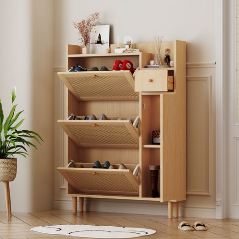 Tanant – Meuble à chaussures en bois et rotin – 3 portes basculantes – 1 tiroir – Dimensions 90x125x17cm – Pour espaces étroits (1/5)