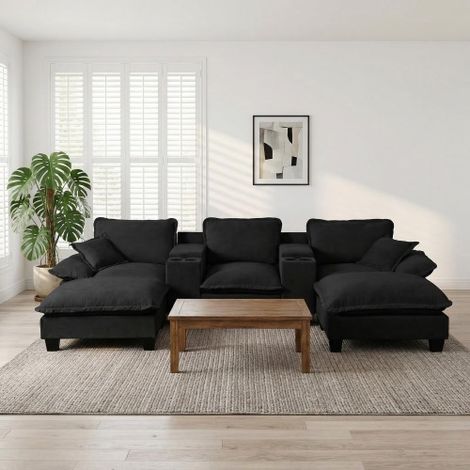 Modulare Cloud-Couch, U-förmiges Segelboot-Sofa mit Getränkehaltern & Stauraum, USB-Anschluss, 2 Ottomanen & 2 Kissen, Chenille-Bezug für Apartments & Wohnzimmer, Schwarz