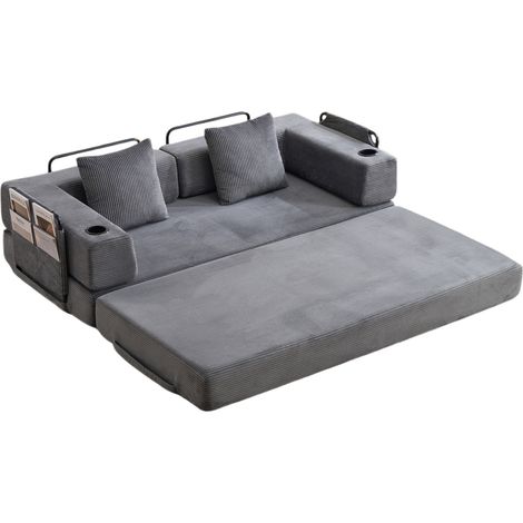Canapé-lit de sol convertible 2 en 1, pliable, en velours côtelé gris foncé, avec accoudoirs, poche latérale et porte-gobelet, idéal salon CHICFURN (1/5)