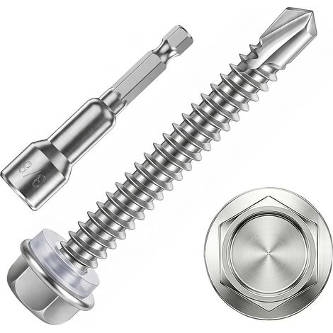 Vis Autoforeuse Metal Inox 410 Vis Autoperforante 6.3x75mm 50Stk avec Rondelles D'étanchéité EPDM Fixation étanche et 1 Douilles Hexagonale pour Metal Bac Acier Bois Tôle Placo Toiture (1/5)