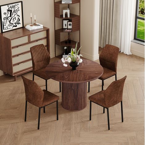 Ensemble repas 4 places MDF noyer et métal noir, table ronde avec 4 chaises en tissu technique (1/5)