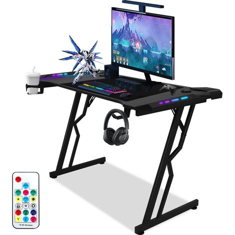 Wolketon Bureau Gaming Table de Gaming 140x60cm PC Gamer avec Tapis de Souris, Porte-gobelet et Crochet Adapté au Bureau Maison - met LED+télécommande