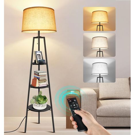 Tripod Floor Lamp, 3 Shelves, Remote Control, Black  Living Room LED Dimmable, 4 Colour Temperatures, Beige Linen Lampshade, Bedroom, Office (1/5)