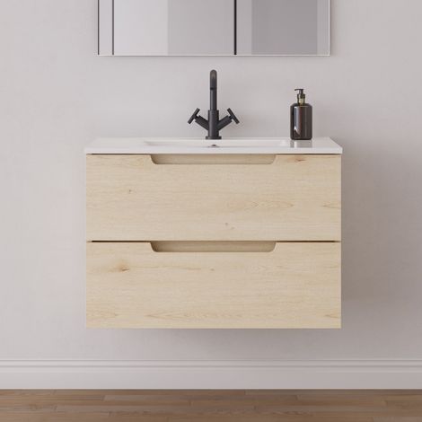 Meuble de salle de bain 80cm simple vasque - 2 tiroirs - sans miroir - roble calima (bois clair) - SONRIZA (1/5)