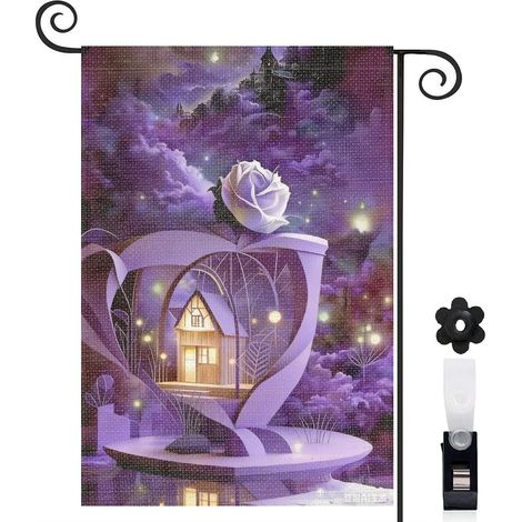 Bannière de cour fleurs violettes et château magique 30 x 45 cm décoration maison de campagne (1/4)