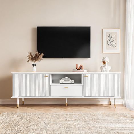 Meuble TV blanc laqué avec rangements et pieds dorés en MDF (1/5)