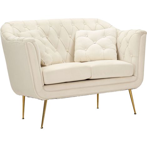 Sofá Fijo 2 Plazas Diskit, Efecto Terciopelo Acolchado, Cojines Incluidos, Brazos, 130x83x91h cm Blanco Crema