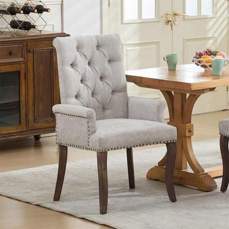 Chaise de Salle à Manger Capitonnée - 69x57x100,5cm - Fauteuil Chenille et Pieds Bois Massif Galbés - Beige (1/5)