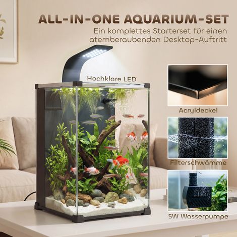 Aquarium complet 36L nano avec éclairage LED, système de filtration, pompe et circulation, 30x30x45,5 cm, noir