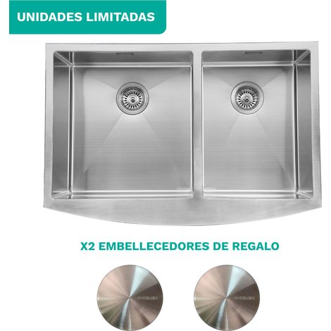 Fregadero de cocina 84x56 cm acero inoxidable AISI 304 dos senos bajo encimera o enrasado, Acero cepillado, Moon2