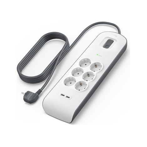 Belkin Regleta de enchufes con 6 tomas y 2 puertos USB-A (2,4 A) con protección contra sobretensiones, 650 julios, ladrón, cable de 2 metros, base múltiple con protección eléctrica, hogar y oficina