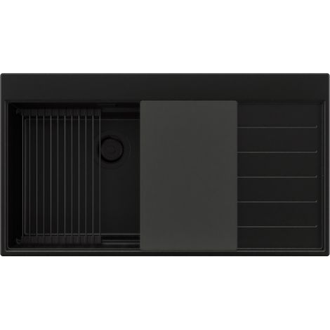 PRIMAGRAN Evier Cuisine en Granit 90x50cm,Lavabo 1 bac + Kit de Vidage + Accessoires, Évier à Encastrer au meuble 60cm - Sydney, Tout Noir (1/5)