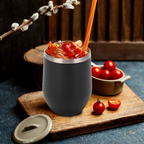 Verre à vin sans pied en acier inoxydable 12oz double paroi isolé sous vide avec couvercle pour café cocktails glace