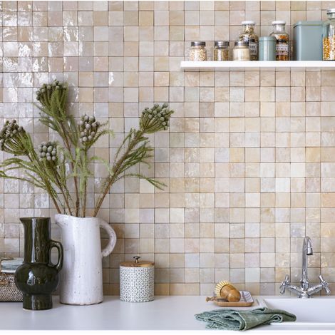 Zellige véritable Carrelage Artisanal - 5x5 cm - Gris Beige (vendu par plaque de 0,09 m² - 30x30 cm) (1/5)