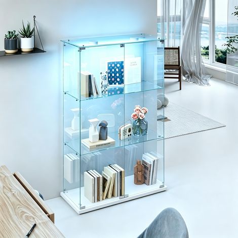FOERPL-Glasvitrine mit LED-Beleuchtung, Säulenvitrine mit 3 Ablagen für Sammlungen, Glas-Weinschrank mit 2 Tür und Schloss Vertikale Sammlungsvitrine/Aufbewahrungsvitrine