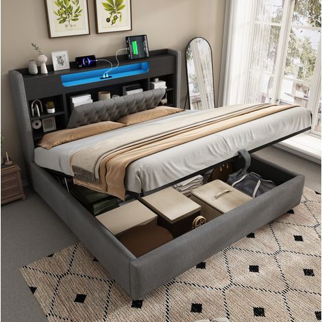 Letto matrimoniale 180x200 cm grigio in lino con contenitore idraulico, LED e porte USB (1/5)