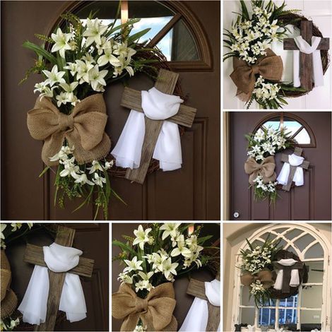 Guirlande Croix En Bois Pour Pâques - Fleur Artificielle Blanche - Ruban Nœud Papillon Violet - Décoration Murale Porte Fenêtre Intérieur Extérieur - 35 cm (1/5)