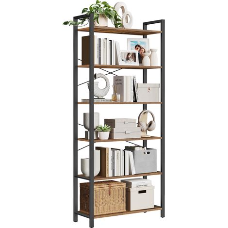 Étagère 6 Niveaux, Bibliothèque, Meuble de Rangement, pour Bureau, Salon, Chambre, 30 x 80 x 186 cm, Style Industriel, Marron Rustique et Noir d'Encre (1/5)