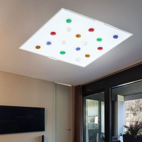 Deckenlampe mit bunten Glassteinen Deko Deckenleuchte Glasschirm Glas Leuchte, 1x LED 1020 Lumen, 29x29x7,5cm, Flur Schlafzimmer Wohnzimmer