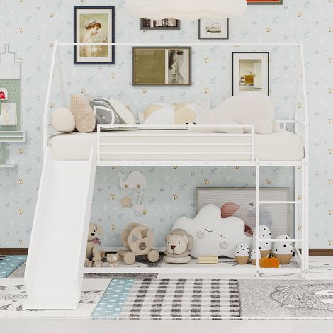 Lit superposé enfant 90×190 cm – Lit enfant – toboggan –  maison – escalier – Sommier à lattes – métal (1/5)