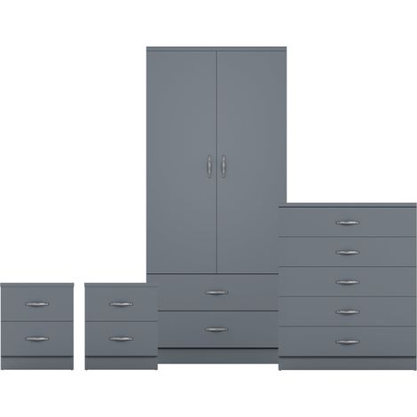 Riano 4 Piece Bedroom Set (2 Drw Bedside Chest, 5 Drw Chest, 2 Dr 2 Drw Wardrobe), Grey (1/3)