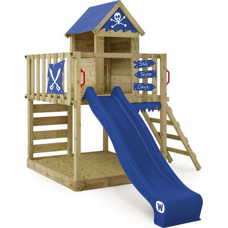 Holzspielhaus Wickey Smart Life mit Rutsche und Sandkasten in Blau