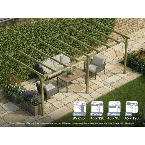 Pergola adossée en bois de pin massif 600 x 300 cm – Traitement autoclave IV – Structure stable et durable – Montage rapide en 60 min – Maderland (1/4)