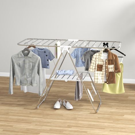 Tendedero plegable con 2 niveles ajustables, dimensiones 148 cm de largo x 60,5 cm de ancho x 98 cm de alto.