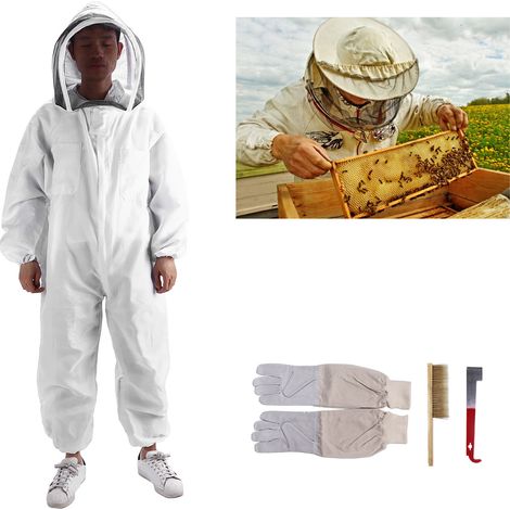 Combinaison spatiale blanche fine taille L + Gants en toile taille XXL + Balai à abeilles double en soies de sanglier + Couteau à queue de sanglier demi-rouge (matériel apicole) (1/5)